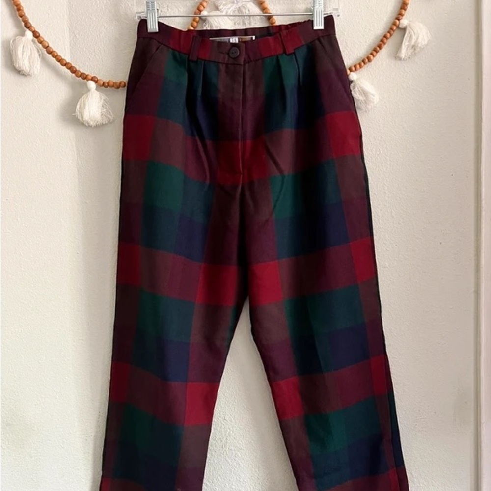 Johnstons of Elgin Burgundy and Green Plaid Men's Trousers